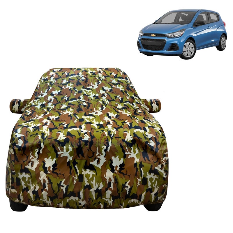 VYAS 100% Waterproof Car Body Cover for Chebrolet Spark (2010-2017) with Mirror Pocket Triple Stitched Belt & Buckle Fitting Dual Elastic, Durable Material Jungle Print Camouflage Design - Image 1