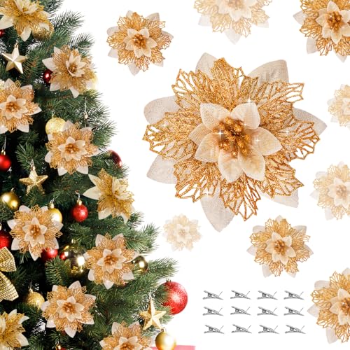 BAOTUJIA 12Pcs Gold Christmas Poinsettias Flowers Decoration Artificial Flowers for Xmas Tree Ornaments Suitable for Home Christmas Decorations Xmas Tree Decorations Items Wreath Making - Image 1