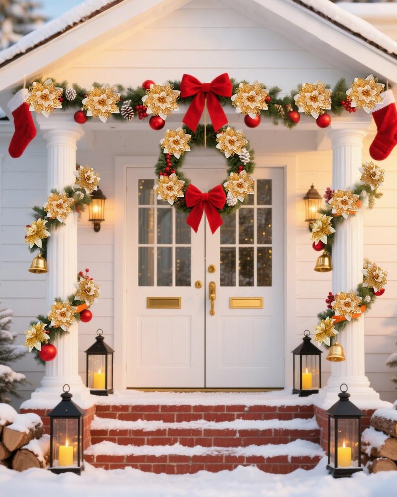 BAOTUJIA 12Pcs Gold Christmas Poinsettias Flowers Decoration Artificial Flowers for Xmas Tree Ornaments Suitable for Home Christmas Decorations Xmas Tree Decorations Items Wreath Making - Image 5