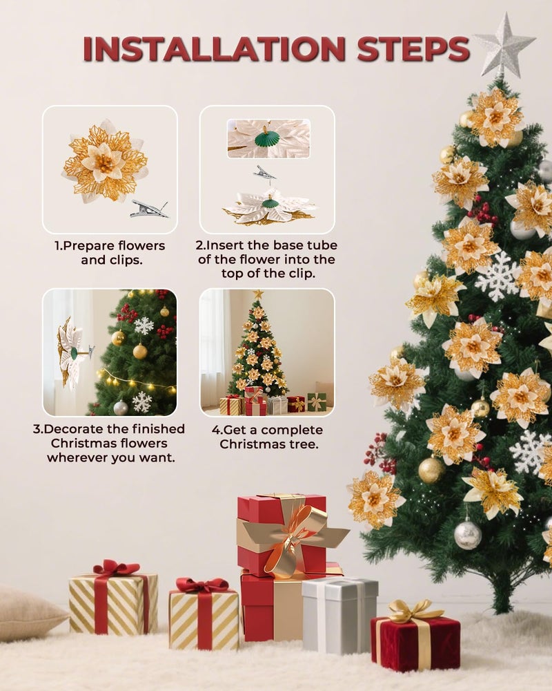 BAOTUJIA 12Pcs Gold Christmas Poinsettias Flowers Decoration Artificial Flowers for Xmas Tree Ornaments Suitable for Home Christmas Decorations Xmas Tree Decorations Items Wreath Making - Image 3