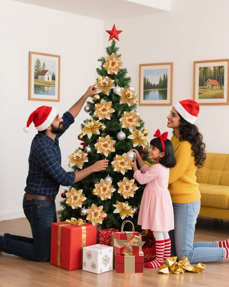BAOTUJIA 12Pcs Gold Christmas Poinsettias Flowers Decoration Artificial Flowers for Xmas Tree Ornaments Suitable for Home Christmas Decorations Xmas Tree Decorations Items Wreath Making - Image 4
