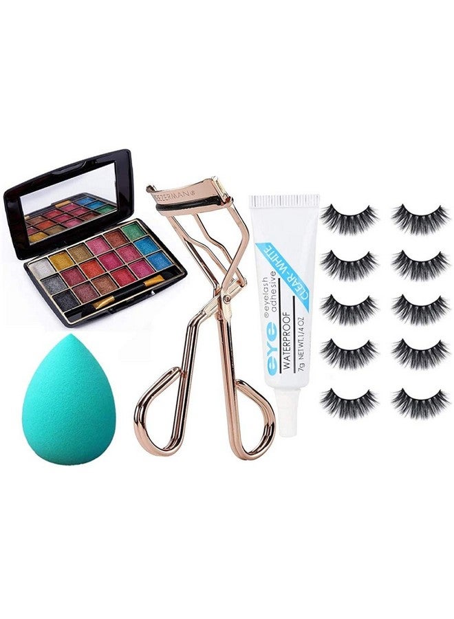 adbeni False Eyelashes 5 Pcs 1 Pcs Eyelash Curler 1 Puff White Mini Eyshadow Pallete 1 Eyelash Glue (Pack Of 5) - Image 1