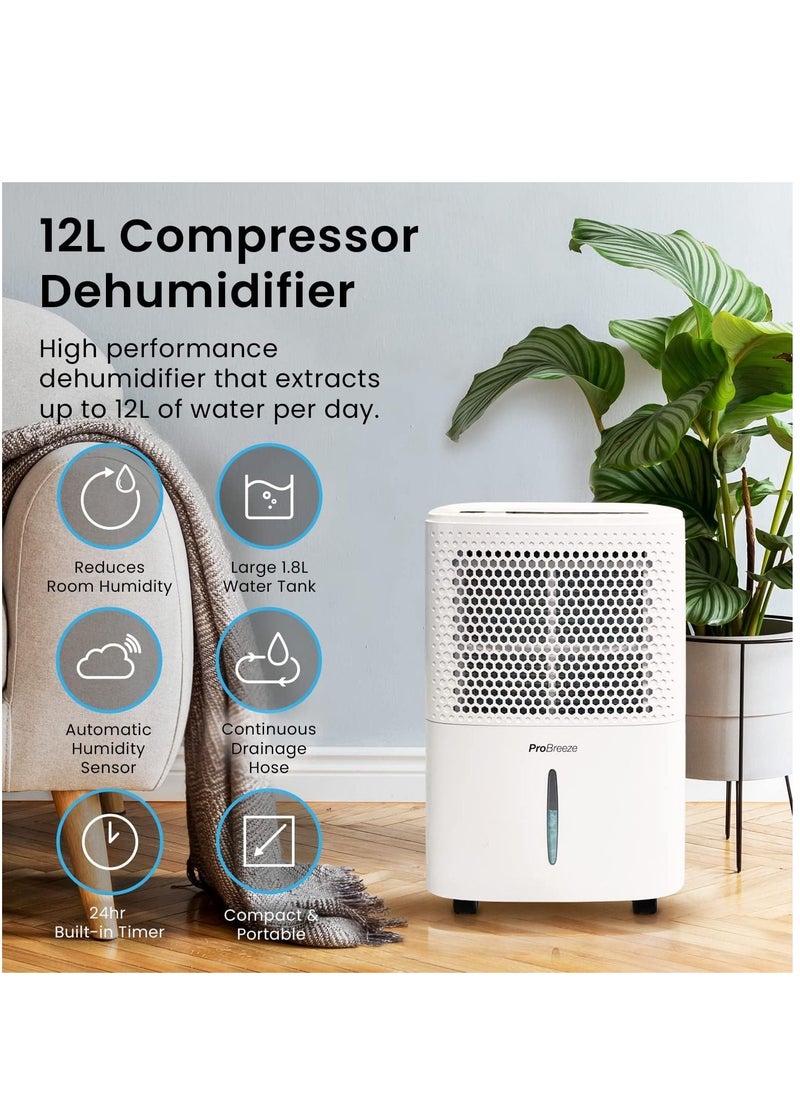 Pro Breeze 12L/Day Dehumidifier with Digital Humidity Display, Sleep Mode, Continuous Drainage, Laundry Drying and 24 Hour Timer - Ideal for Damp and Condensation, Quiet Mark Certified  - Image 3