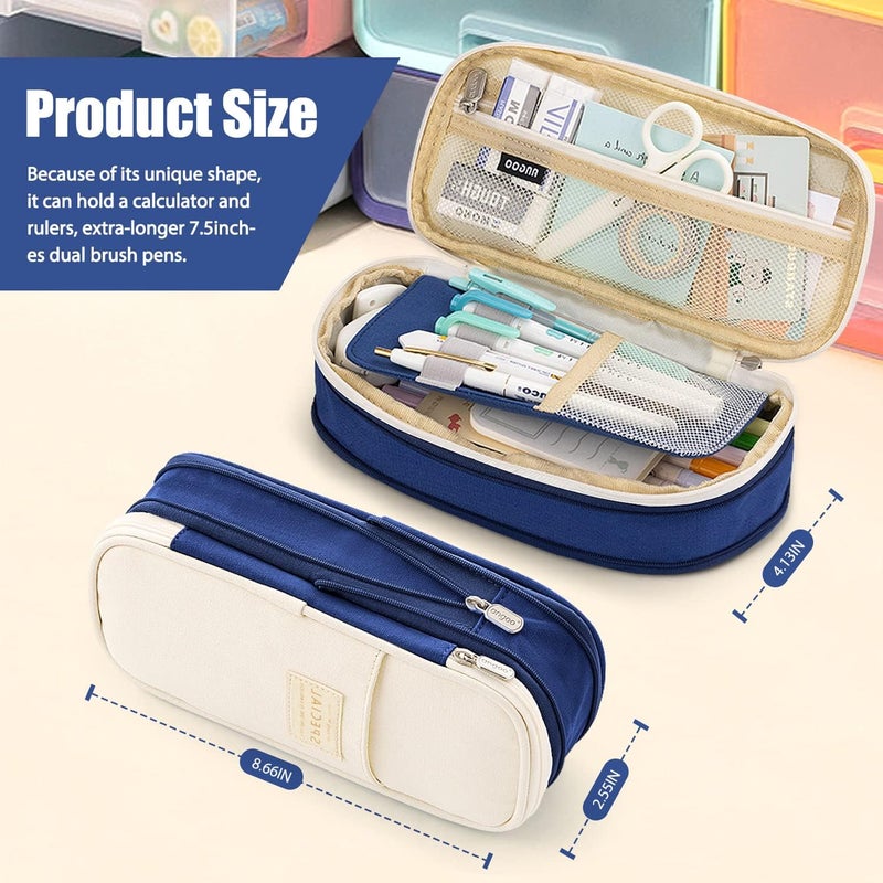 LABUK Capacity Pencil Case Pouch, Cute Big Capacity Zipper Cases Pen Portable Office Stationery Makeup Bag, Desk Organizer for College Adults Women Men (Cotton Blue) - Image 2