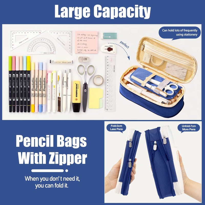 LABUK Capacity Pencil Case Pouch, Cute Big Capacity Zipper Cases Pen Portable Office Stationery Makeup Bag, Desk Organizer for College Adults Women Men (Cotton Blue) - Image 3