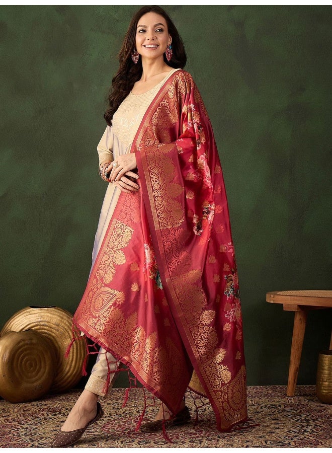 AKS Beige Kurta Set With Contrast Dupatta - Image 1