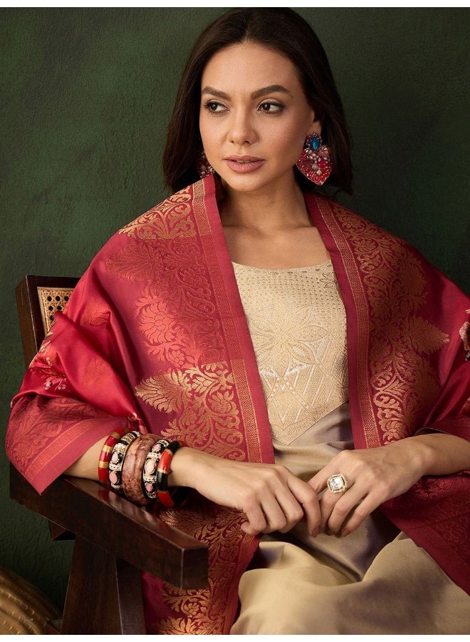 AKS Beige Kurta Set With Contrast Dupatta - Image 2