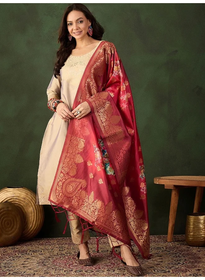 AKS Beige Kurta Set With Contrast Dupatta
