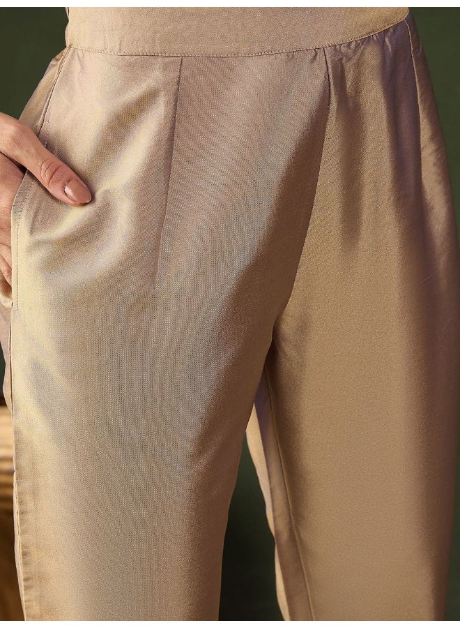 AKS Beige Kurta Set With Contrast Dupatta - Image 3