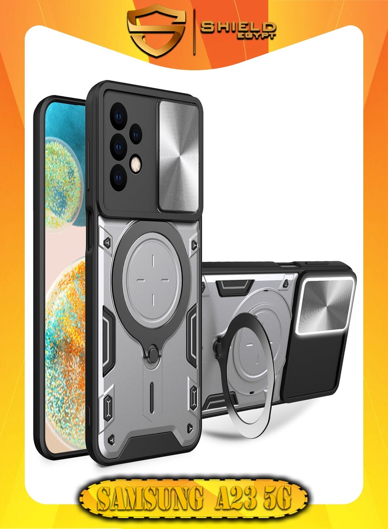 شيلد ايجيبت لهاتف سامسونج جالاكسي اية 23/ اية 23 5جى (Samsung Galaxy A23/A23 5G) جراب حماية مع باب جرار لحماية عدسة  الكاميرا المدرعة مدمج بزاوية 360 درجة - (فضى)