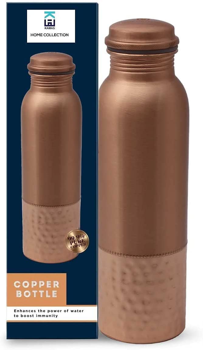 Kamas Home Collection KHC 100 Pure Copper Water Bottle Handcrafted 34 Oz 1 Litter Copper Water Vessel Drink More Water Bottle in many Patterns Large Leak Proof Smooth Finish Dual Tone Copper Bottle  - Image 1