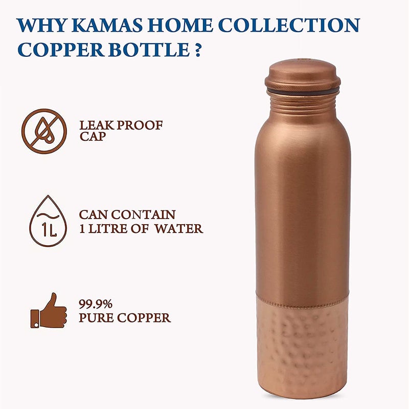 Kamas Home Collection KHC 100 Pure Copper Water Bottle Handcrafted 34 Oz 1 Litter Copper Water Vessel Drink More Water Bottle in many Patterns Large Leak Proof Smooth Finish Dual Tone Copper Bottle  - Image 5