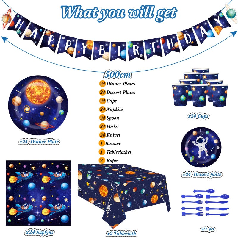 Tiamon Outer Space Birthday Party Supplies Serve 24 Space Party Tableware Set, Happy Birthday Banner Solar System Tablecloth Paper Plates Cups Napkins Knives Forks Spoons for Solar Theme Activities Decor - Image 3