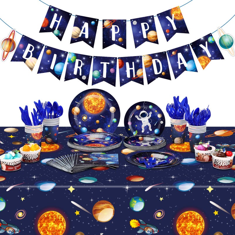 Tiamon Outer Space Birthday Party Supplies Serve 24 Space Party Tableware Set, Happy Birthday Banner Solar System Tablecloth Paper Plates Cups Napkins Knives Forks Spoons for Solar Theme Activities Decor - Image 1