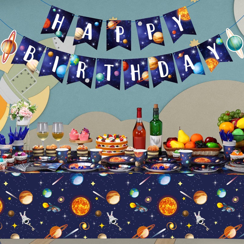 Tiamon Outer Space Birthday Party Supplies Serve 24 Space Party Tableware Set, Happy Birthday Banner Solar System Tablecloth Paper Plates Cups Napkins Knives Forks Spoons for Solar Theme Activities Decor - Image 5