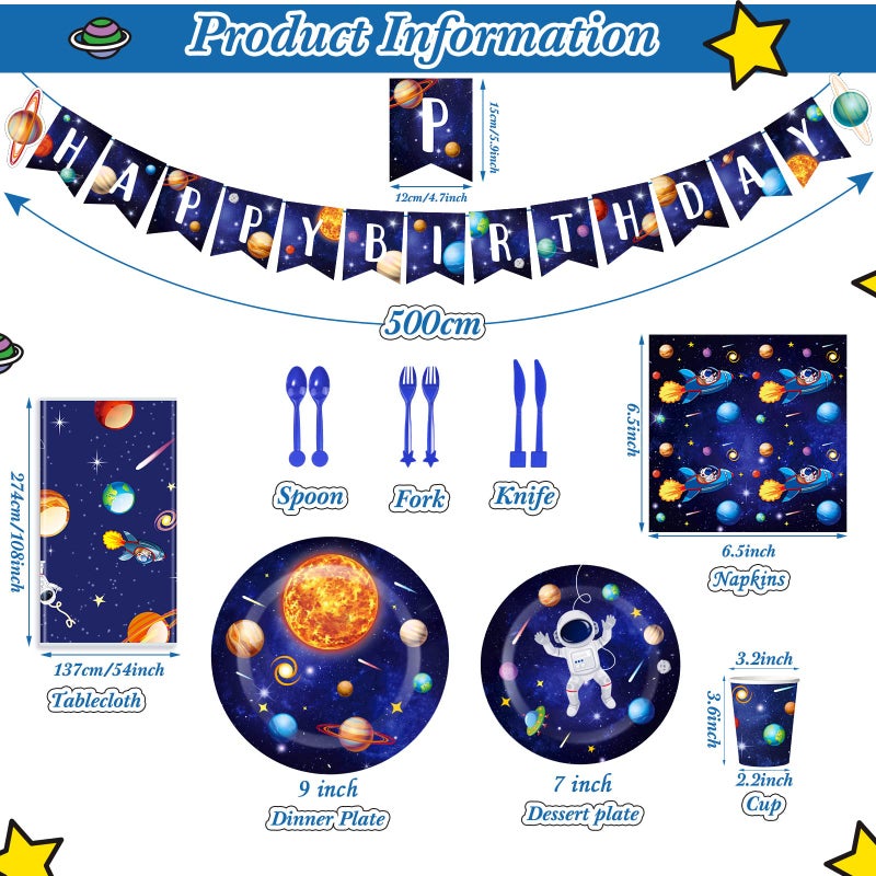 Tiamon Outer Space Birthday Party Supplies Serve 24 Space Party Tableware Set, Happy Birthday Banner Solar System Tablecloth Paper Plates Cups Napkins Knives Forks Spoons for Solar Theme Activities Decor - Image 2