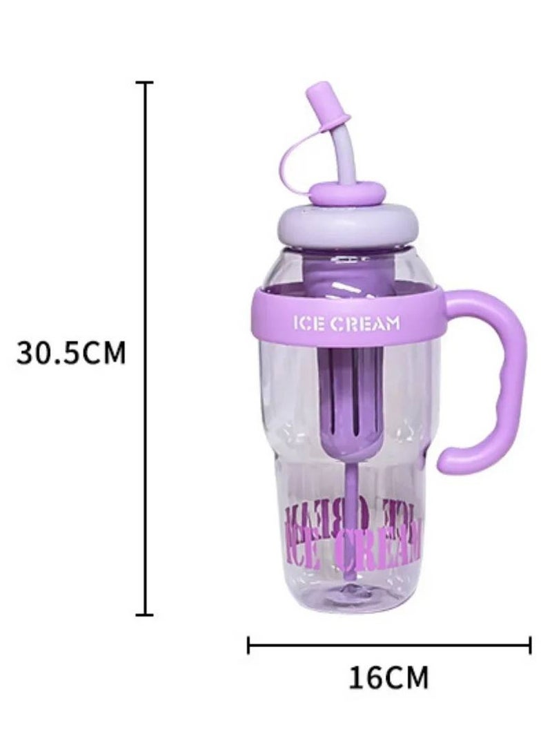 ارواق زجاجة مياه بلاستيكية سعة كبيرة 1300 مل، كوب بلاستيكي لطيف محمول للأطفال مانع للتسرب مع كوب ماء رياضي من القش - Image 2