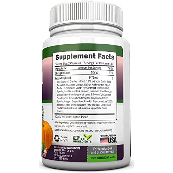 NutriONN Intestinal Cleanse - All Natural Herbal Detox Formula - Full 10-Day Detox Program - Wormwood, Cranberry, Paul D'Arco, Goldenseal, Garlic, Black Walnut Hull, Echinacea and 10 Other Natural Ingredients - Image 2