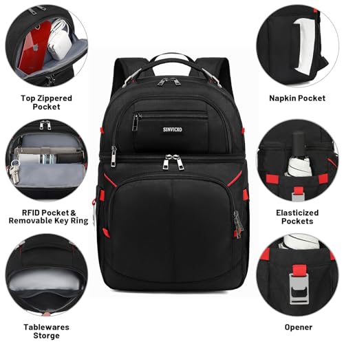 SINVICKO Insulated Cooler Backpack,Double Deck Leak Proof Cooler Bag,Insulated Backpack Cooler Lunch Backpack for Men Women,Black & Red - Image 2