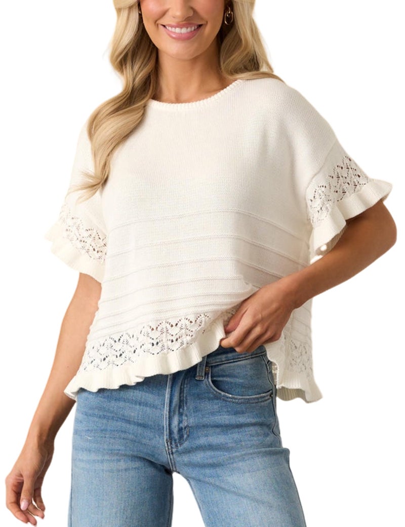 Yeokou Womens Short Sleeve Sweater Round Neck Ruffled Hem Knit Crochet Pullover Summer Fall Casual Top Blouse(White-M) - Image 1