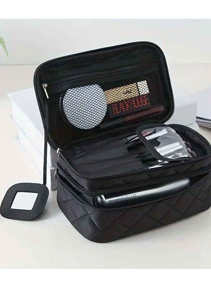أوريتي طبقة مزدوجة حقيبة مستحضرات التجميل حقيبة مكياج منظم السفر للنساء فرشاة تخزين احترافية حقيبة مكياج حقيبة مستحضرات التجميل بني - Image 3