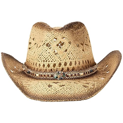 Foeran Men's Women's Straw Cowboy Hat Cowgirl Woven Sun Hat Western Cowboy Hat Two Decorative Bands - Image 2