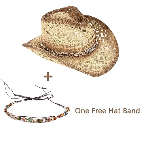 Foeran Men's Women's Straw Cowboy Hat Cowgirl Woven Sun Hat Western Cowboy Hat Two Decorative Bands - Image 5