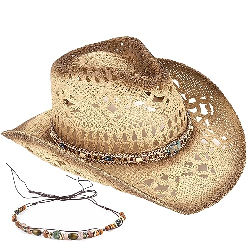Foeran Men's Women's Straw Cowboy Hat Cowgirl Woven Sun Hat Western Cowboy Hat Two Decorative Bands - Image 1
