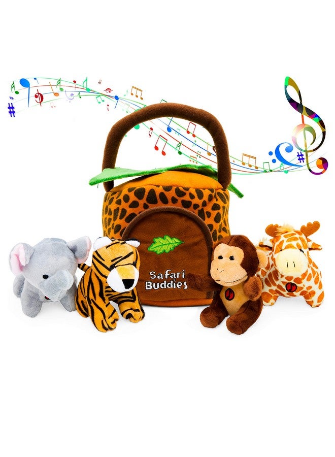 Safari Plush Jungle Animals Toy Set (5 Pcs) With Carrier For Kids;Stuffed Monkey Giraffe Tiger & Elephant;Great For Boys & Girls - Image 1
