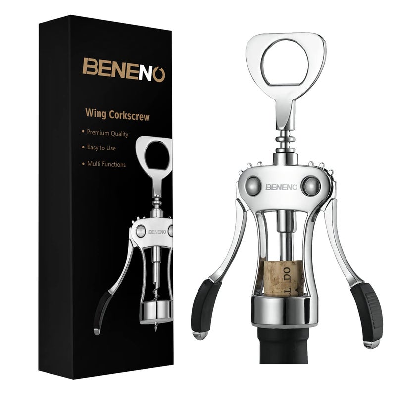Beneno فتاحة نبيذ بنينو، فتاحة زجاجات من سبائك الزنك مع فتاحة زجاجات متعددة الوظائف، فتاحة نبيذ حادة مع مقبض جناح مريح غير قابل للانزلاق، فضي - Image 1