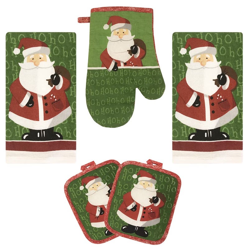 Lobyn Value Packs Kitchen Towel 5 Piece Linen Set 2 Towels 2 Pot Holders 1 Oven Mitt (X-Santa) - Image 1