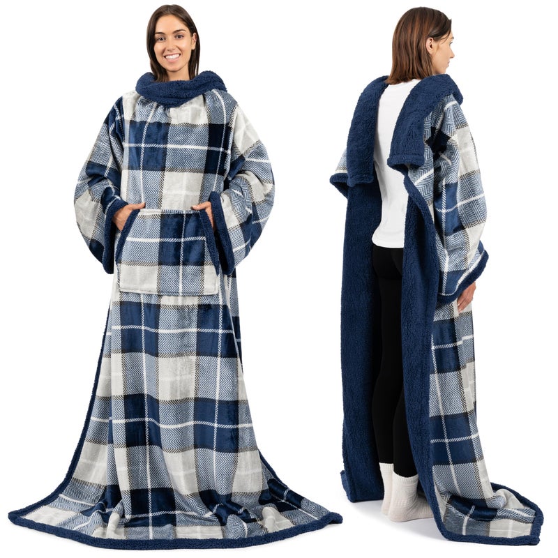 PAVILIA PAVILIA Sherpa Wearable Blanket with Sleeves and Pocket Plush Thick Cozy Body Blanket Wrap for Adult Women Men Christmas Gift for Wife Mom Plaid Navy Blue  - Image 1