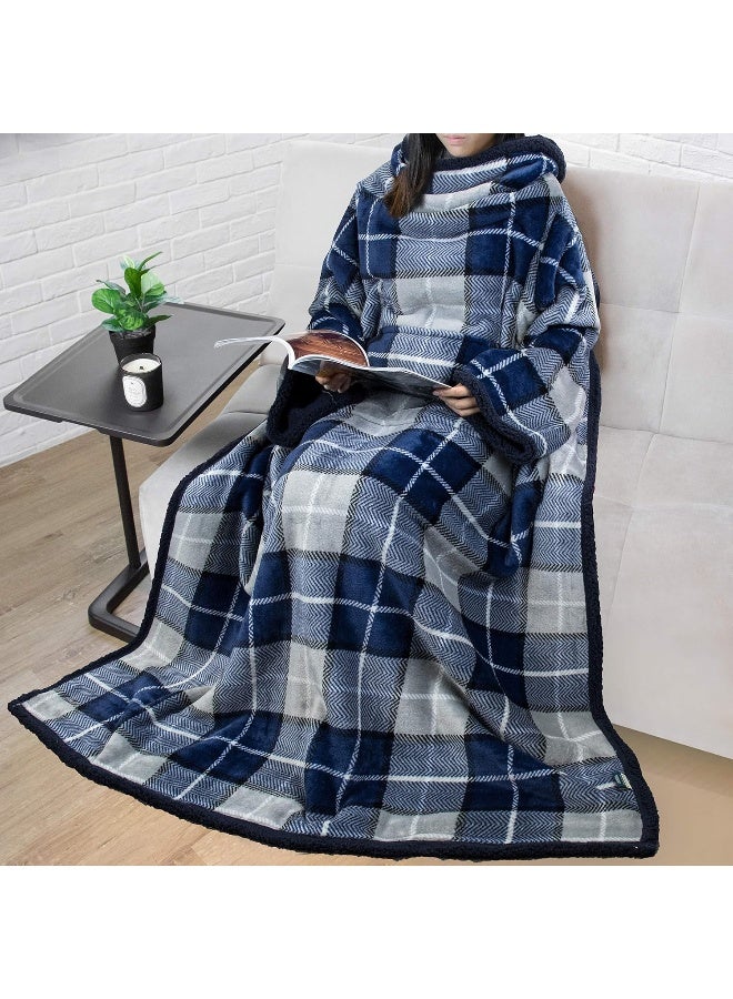PAVILIA PAVILIA Sherpa Wearable Blanket with Sleeves and Pocket Plush Thick Cozy Body Blanket Wrap for Adult Women Men Christmas Gift for Wife Mom Plaid Navy Blue  - Image 4