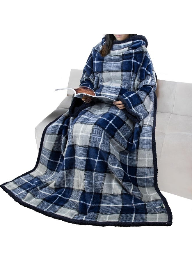 PAVILIA PAVILIA Sherpa Wearable Blanket with Sleeves and Pocket Plush Thick Cozy Body Blanket Wrap for Adult Women Men Christmas Gift for Wife Mom Plaid Navy Blue  - Image 5