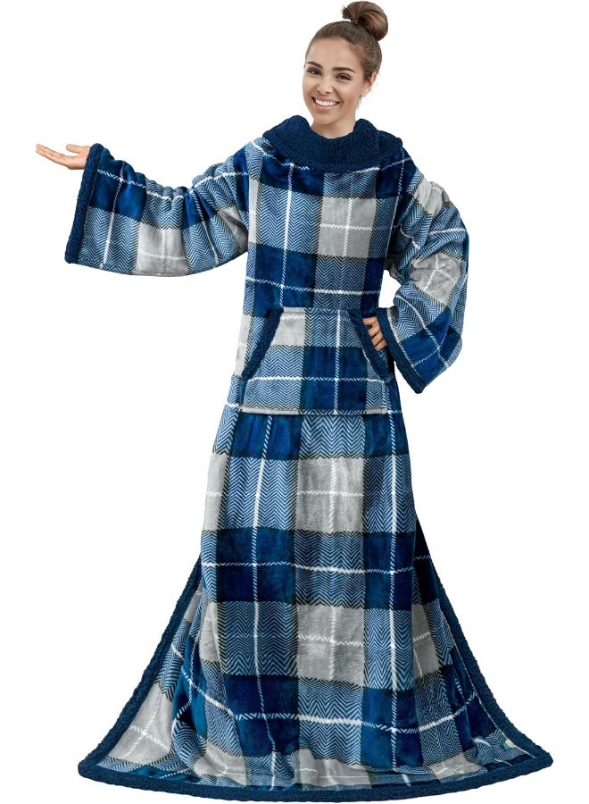 PAVILIA PAVILIA Sherpa Wearable Blanket with Sleeves and Pocket Plush Thick Cozy Body Blanket Wrap for Adult Women Men Christmas Gift for Wife Mom Plaid Navy Blue  - Image 2