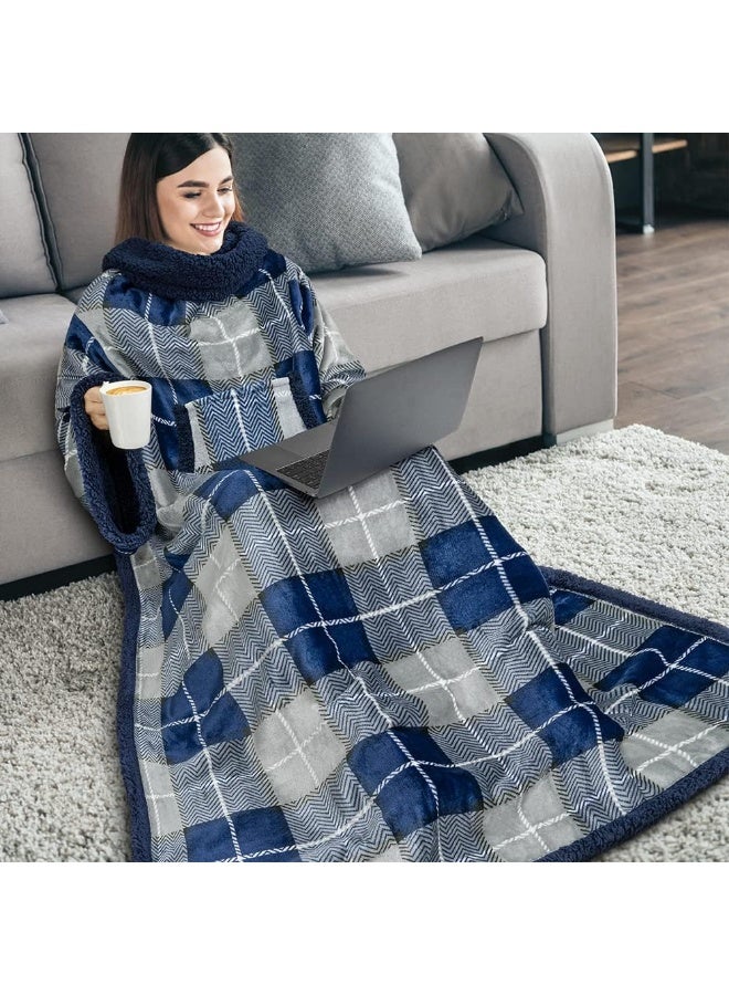 PAVILIA PAVILIA Sherpa Wearable Blanket with Sleeves and Pocket Plush Thick Cozy Body Blanket Wrap for Adult Women Men Christmas Gift for Wife Mom Plaid Navy Blue  - Image 3