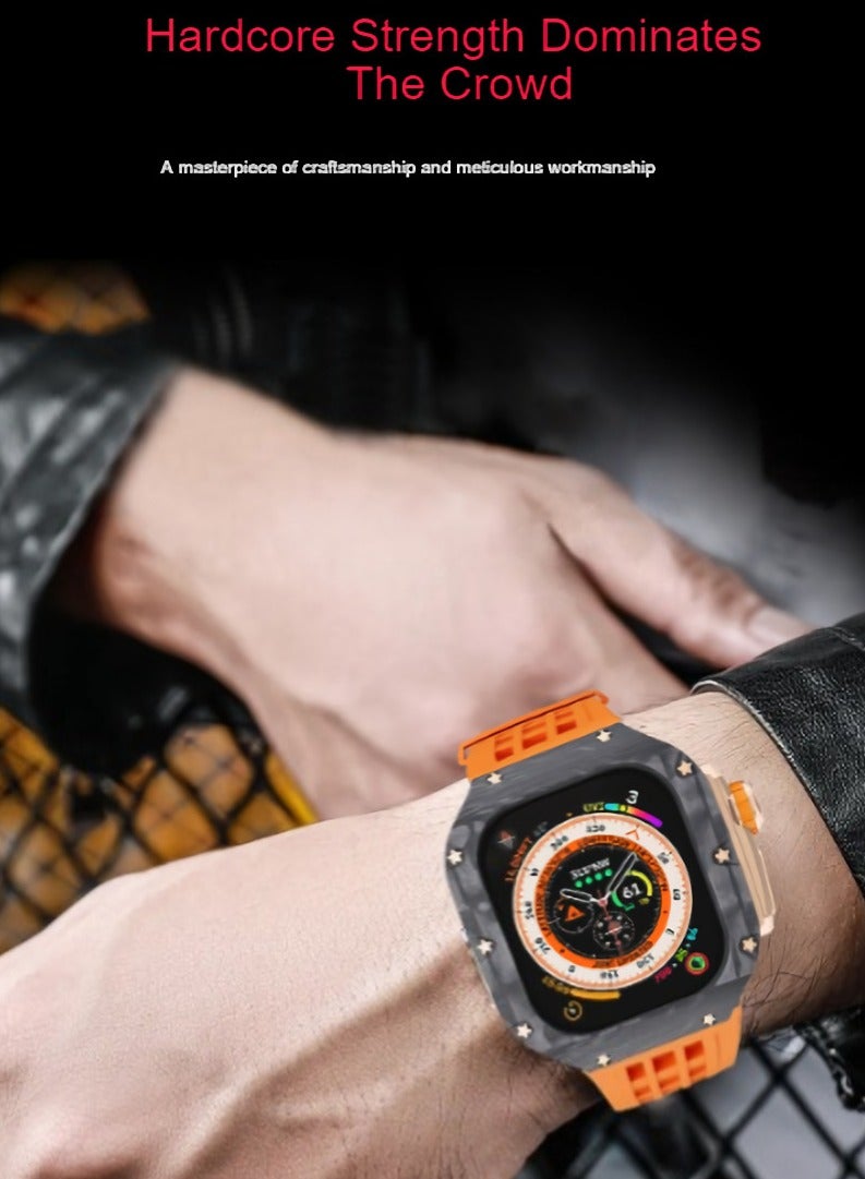 AROAQ Carbon Fiber Case For Apple Watch, 49mm Fluororubber Band Metal Bazel For Iwatch, Ultra Titanium Alloy Integrated Protective Case, (Carbon shell-rose titanium frame-red tape) - Image 2