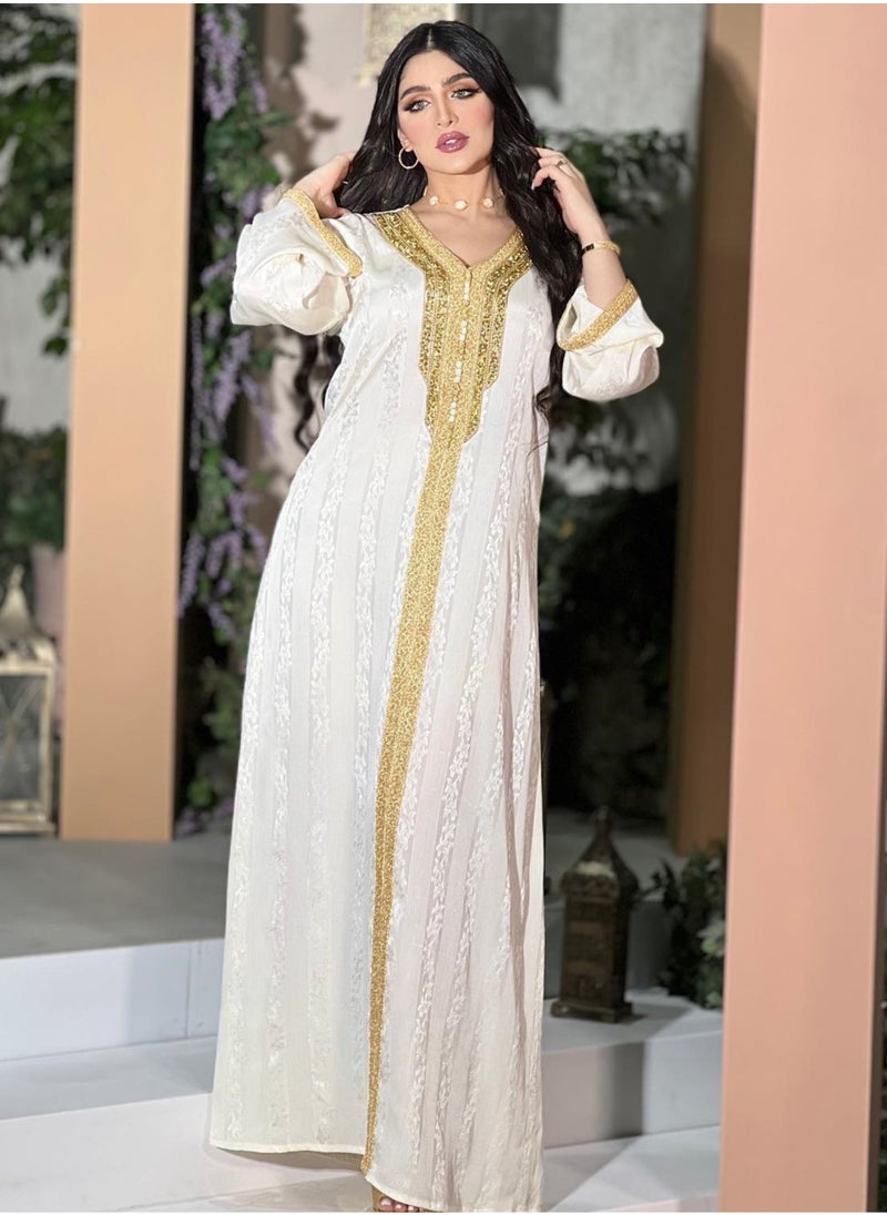 ShineShe New Fashion Women's Beaded Lace Long Robe Muslim White Satin Jacquard Dress  - Image 1