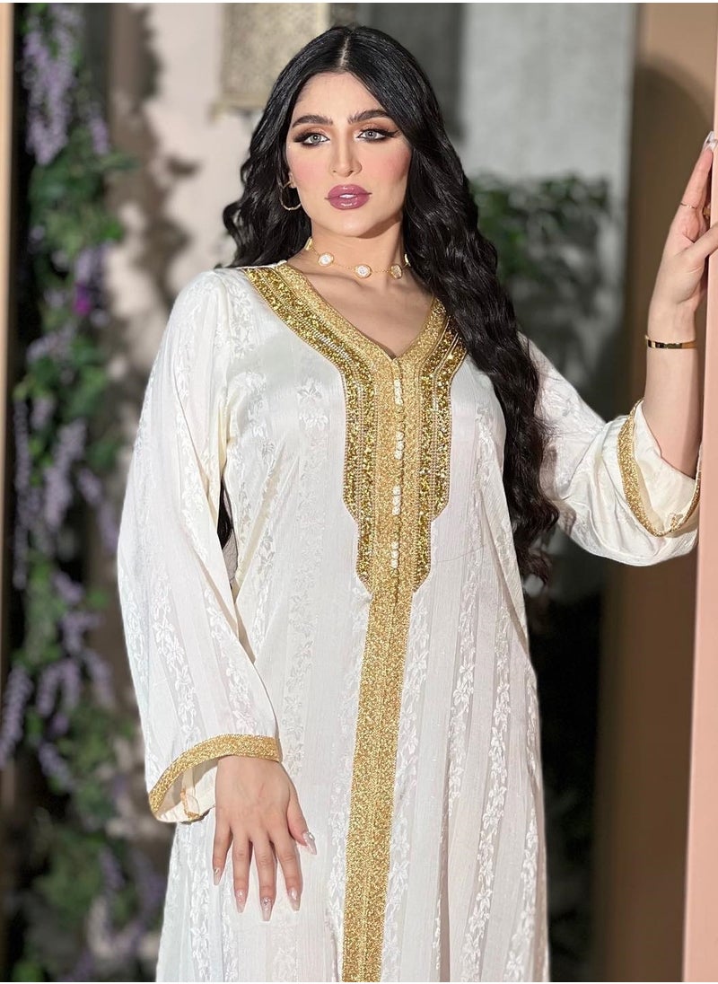 ShineShe New Fashion Women's Beaded Lace Long Robe Muslim White Satin Jacquard Dress  - Image 2
