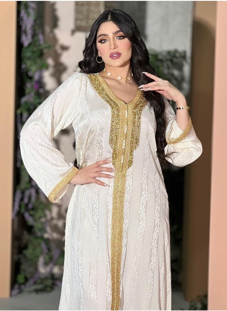 ShineShe New Fashion Women's Beaded Lace Long Robe Muslim White Satin Jacquard Dress  - Image 3