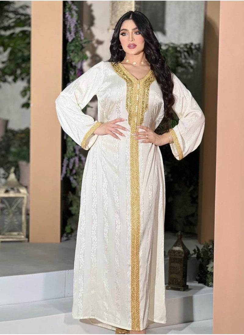 ShineShe New Fashion Women's Beaded Lace Long Robe Muslim White Satin Jacquard Dress  - Image 4