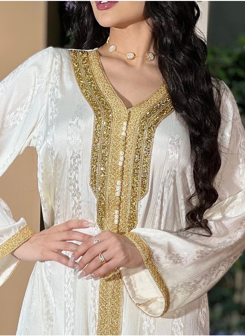 ShineShe New Fashion Women's Beaded Lace Long Robe Muslim White Satin Jacquard Dress  - Image 5