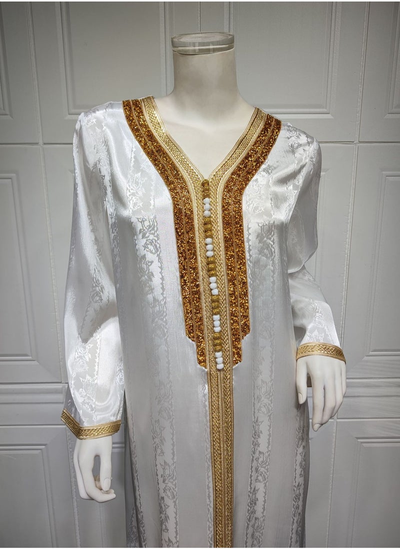 ShineShe - New Fashion Women's Beaded Lace Long Robe Muslim White Satin Jacquard Dress - Image 1