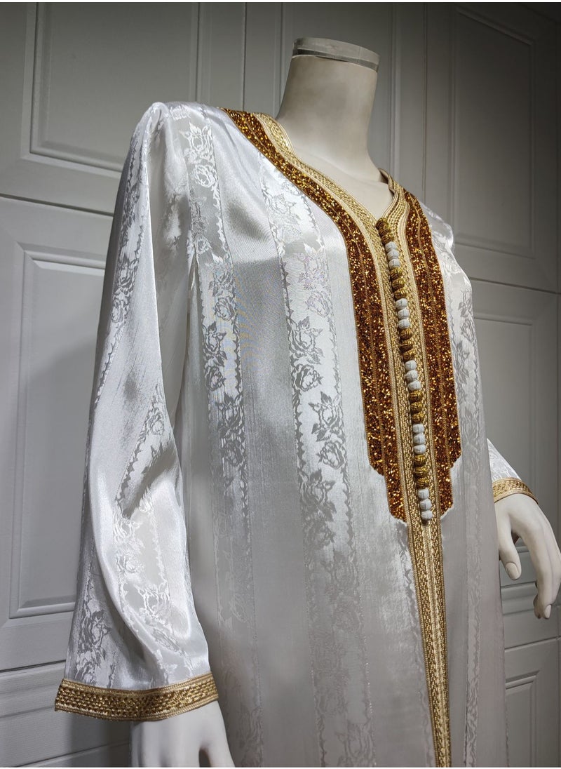 ShineShe - New Fashion Women's Beaded Lace Long Robe Muslim White Satin Jacquard Dress - Image 1