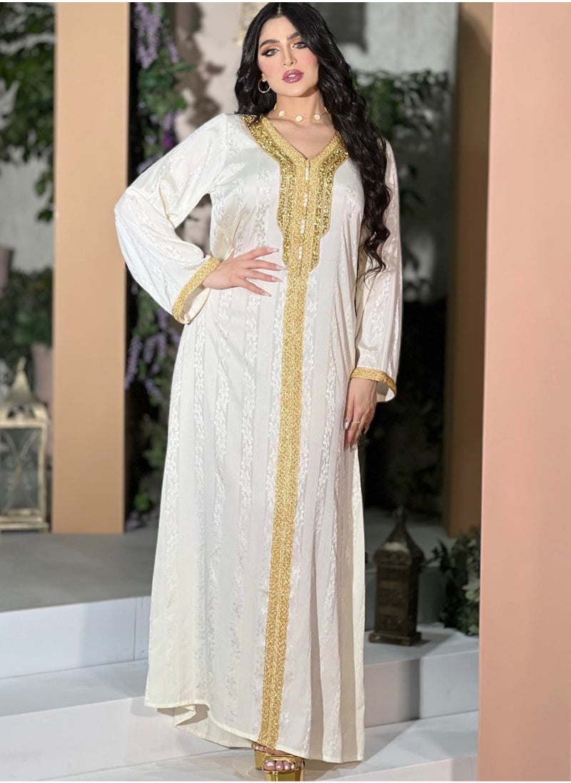 ShineShe - New Fashion Women's Beaded Lace Long Robe Muslim White Satin Jacquard Dress - Image 1