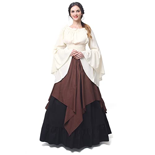 NSPSTT Womens Renaissance Medieval Costume Victorian Dresses Gown Scottish Dress,DarkBrown L - Image 1