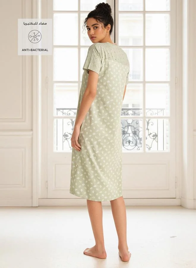 Splash FAV Embroidered Cotton Night Dress with Short Sleeves