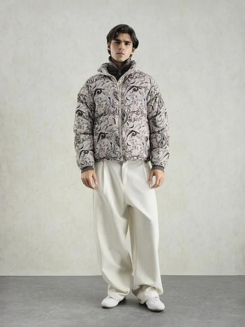 GIESTO Patterned Bomber Puffer Jacket with Zipper Collar