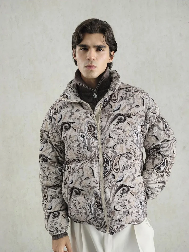 Giesto Beige Natural GIESTO Patterned Bomber Puffer Jacket with Zipper Collar for Men | Best Price UAE