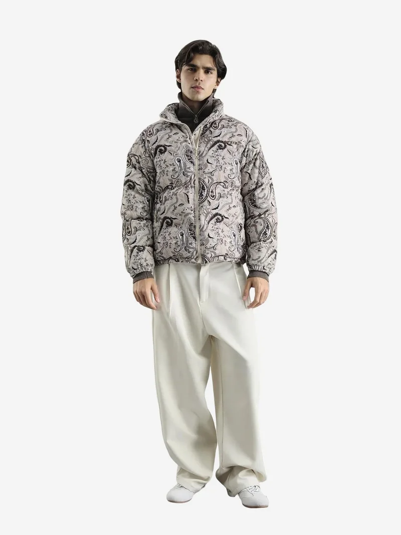 Giesto GIESTO Patterned Bomber Puffer Jacket with Zipper Collar